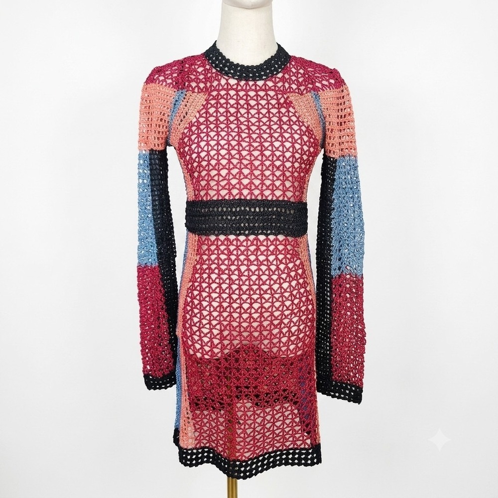 Bebe Crochet Knit‎ Dress Boho Colorblock Open Stitch Retro Grunge Mini Granny